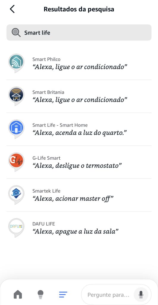 Tela do smartphone mostrando o passo a passo de como conectar o smart life na alexa.